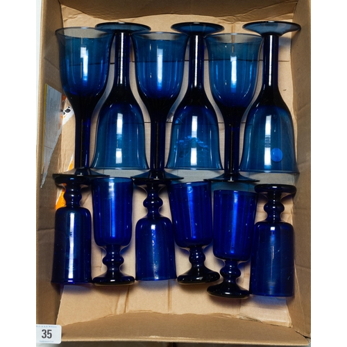 35 - BOX VARIOUS BLUE GLASS GLASSES