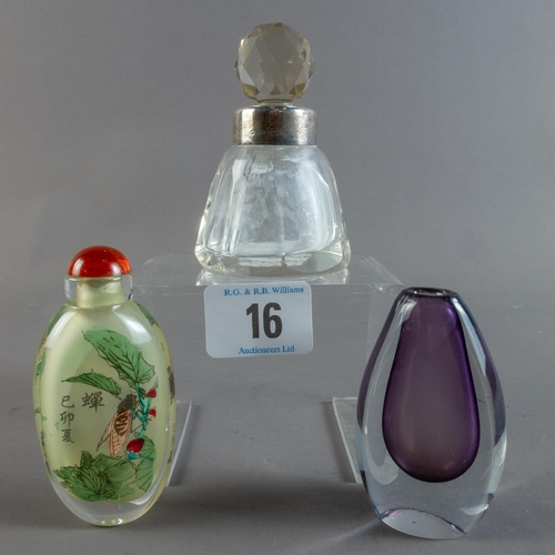 16 - MINIATURE MURANO VASE, INTERNALLY PAINTED BOTTLE & SILVER COLLAR BOTTLE