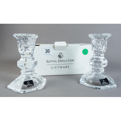 30 - BOXED PAIR ROYAL DOULTON CRYSTAL CANDLESTICKS