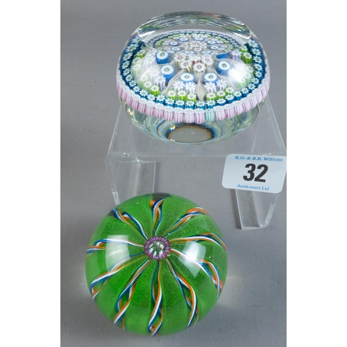 32 - PERTHSHIRE MILLEFIORI PAPERWEIGHT WITH 'P' CANE & CAITHNESS LTD ED 48/100 CROWN PAPERWEIGHT WITH 'AM... 