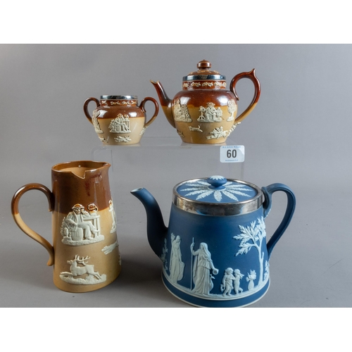 60 - WEDGWOOD SILVER RIM JASPERWARE TEAPOT & THREE DOULTON