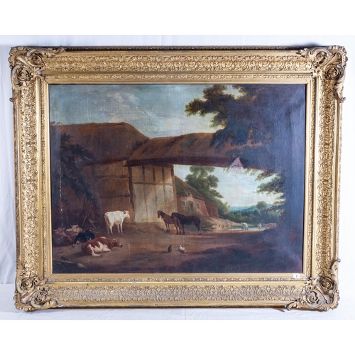 8 - LGE VICTORIAN GILT FRAMED OIL ON CANVAS FARM SCENE INDISTINCT SIGNATURE LOWER LEFT FRAME SIZE 124 X ... 