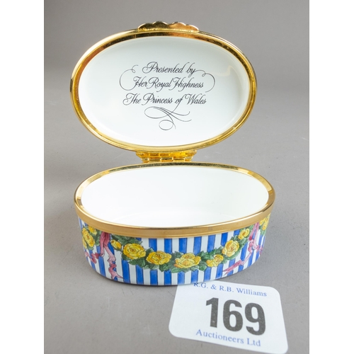 169 - HALCYON DAYS PRINCESS DIANA ENAMEL BOX PRESENTED ONLY BY HER TO HER CHARITIES