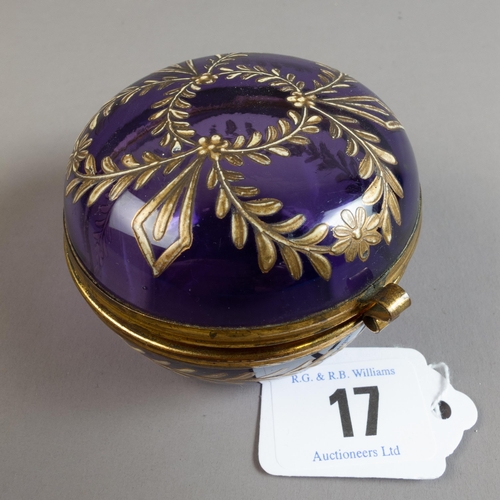 17 - AMETHYST GLASS & HAND GILDED TRINKET BOX WITH BRASS MOUNTS