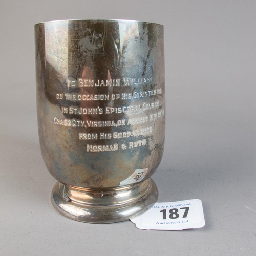 187 - HALLMARKED SILVER CHRISTENING TANKARD INSCRIBED 166G