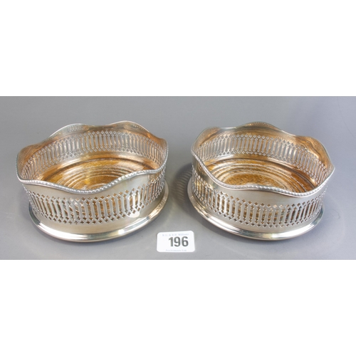 196 - PAIR HALLMARKED SILVER WOODEN BASE BOTTLE COASTERS