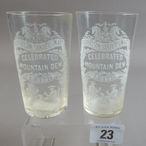 23 - PAIR VICT' SMALL BEAKERS ADVERTISING MOUNTAIN DEW LEITH