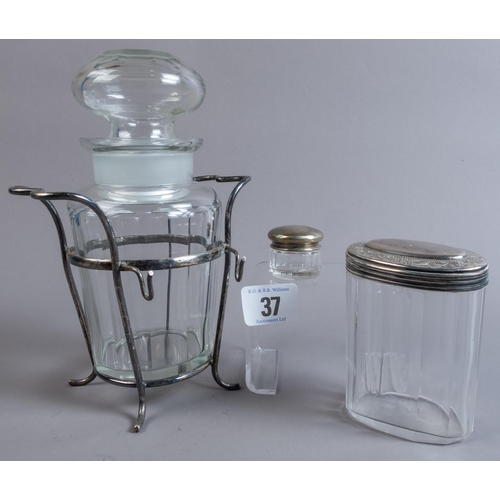 37 - TWO SILVER TOPPED JARS & PICKLE JAR