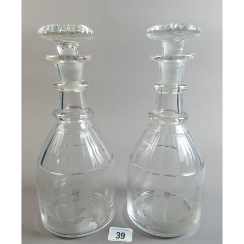 39 - PAIR RING NECK DECANTERS ETCHED WITH SHIPS