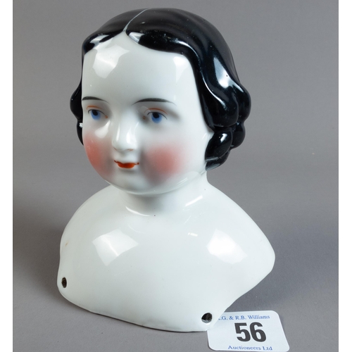 56 - VICT' CERAMIC DOLLS HEAD & SOULDERS 13CM TALL