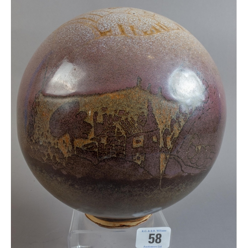 58 - STUDIO POTTERY GLOBE FORM WITH LANDSCAPE DESIGN UNSIGNED 14CM DIA