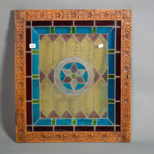 OAK FRAMED STAINED GLASS PANEL 72CM X 63CM