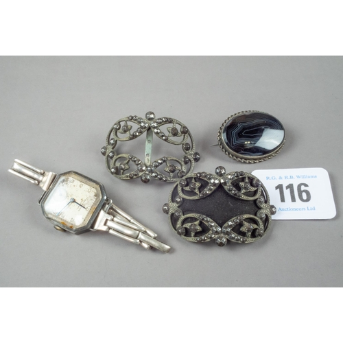 116 - SILVER WRISTWATCH & PR OF BUCKLES & A BROOCH