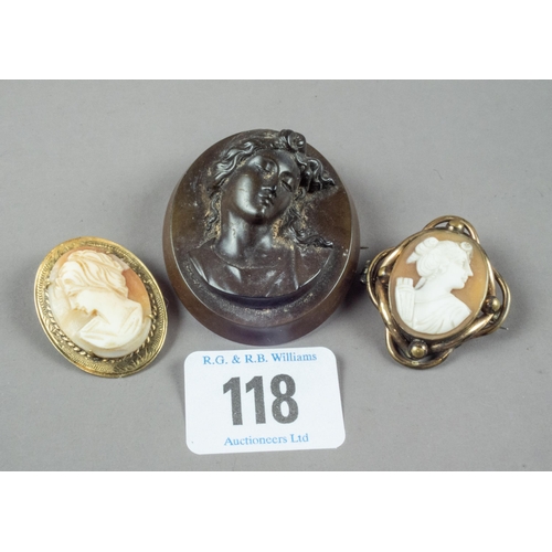 118 - TWO CAMEO BROOCHES + 1 OTHER