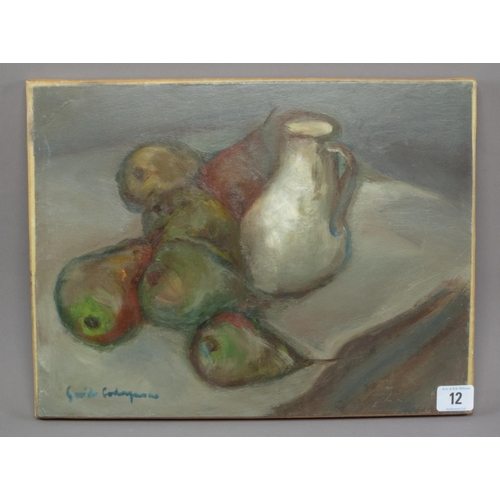 12 - POST WAR OIL ON CANVAS STILL LIFE INDISTINCT SIGNATURE LOWER LEFT UNFRAMED 28CM X 37CM