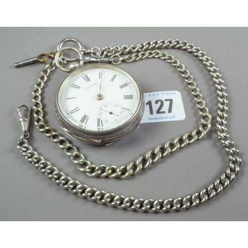 127 - SILVER WALTHAM KEY WIND POCKET WATCH A/F ON PLATED CHAIN