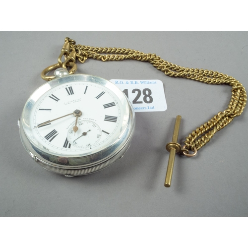 128 - SILVER TALBOT & TALBOT KEY WIND POCKET WATCH PLATED CHAIN & SAFETY CASE