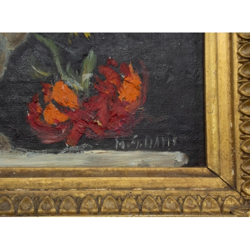 15 - OIL ON BOARD FLORAL STILL LIFE SIGNED LOWER RIGHT M G DAVIS IN GILT FRAME 34CM X 32CM