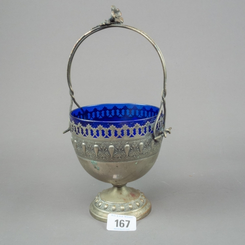 167 - VICT' SILVER PLATED BASKET WITH BLUE GLASS LINER