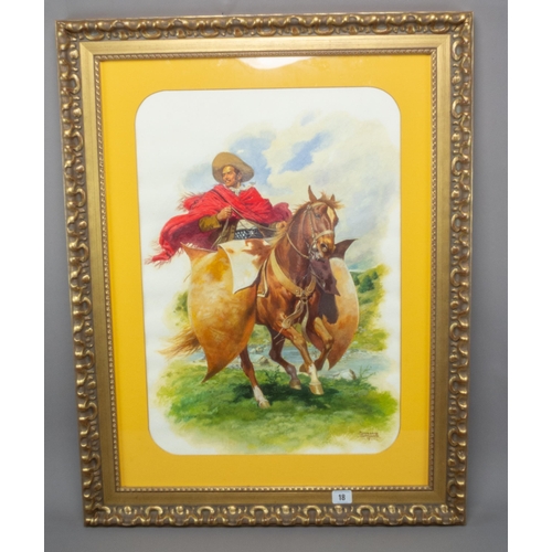 18 - JOSE LUIS SALINAS (1908-1985) WATERCOLOUR OF A GAUCHO SIGNED & DATED LOWER RIGHT 81CM X 62CM