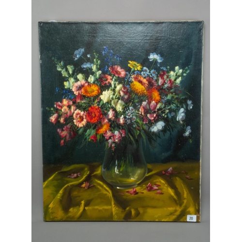 20 - OIL ON CANVAS FLORAL STILL LIFE INDISTINCT SIGNATURE LOWER RIGHT UNFRAMED 69CM X 54CM