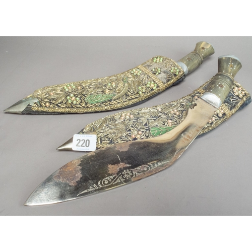 220 - TWO KUKRI KNIVES IN BULLION WORK SHEATHS