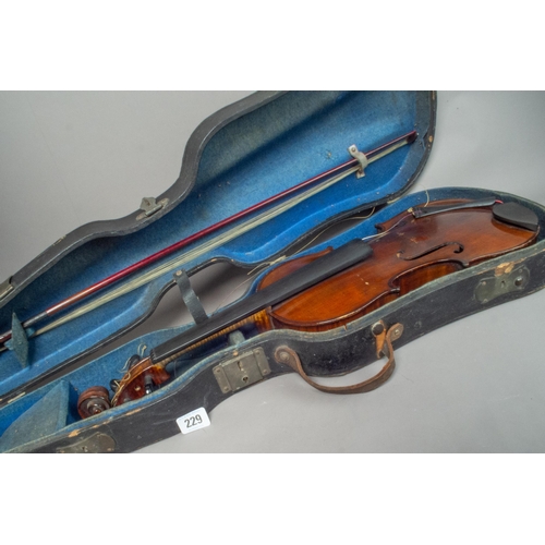 229 - CASED VIOLIN & BOW 60CM TOTAL LENGTH