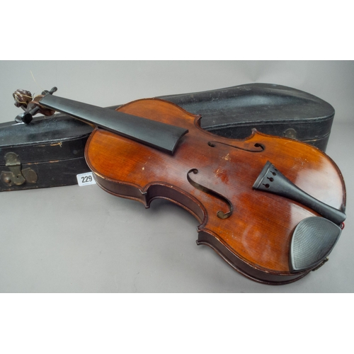 229 - CASED VIOLIN & BOW 60CM TOTAL LENGTH