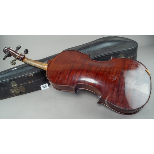 229 - CASED VIOLIN & BOW 60CM TOTAL LENGTH