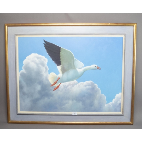 23 - OIL ON CANVAS GOOSE IN FLIGHT UNSIGNED WOOLLEY & WALLIS TAG VERSO 73CM X 94CM