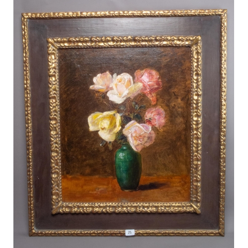 25 - OIL ON CANVAS FLORAL STILL LIFE UNSIGNED 77CM X 68CM