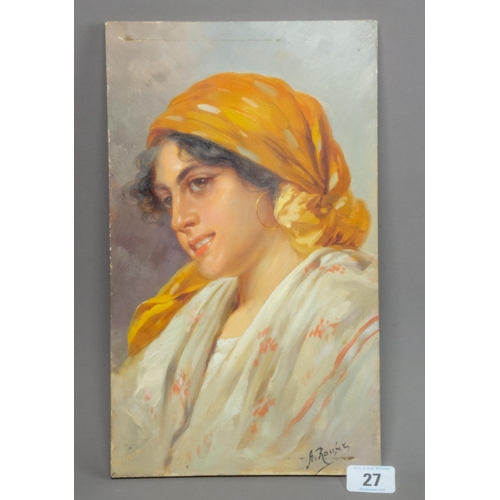 27 - OIL ON PANEL PORTRAIT GYPSY GIRL SIGNED LOWER RIGHT UNFRAMED 31CM X 18CM