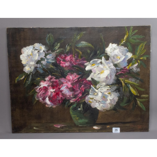 29 - HENRY PAUL TREEBY OIL ON CANVAS FLORAL STILL LIFE SIGNED & DATED UNFRAMED 47CM X 61CM