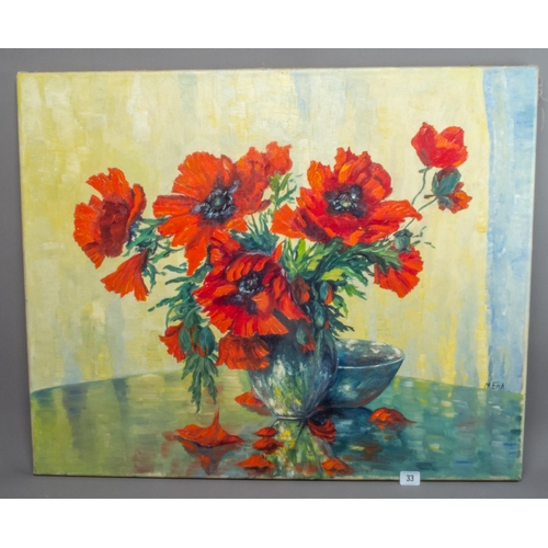 33 - OIL ON CANVAS FLORAL STILL LIFE SIGNED M ENK 65CM X 80CM