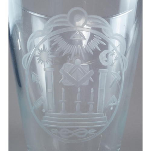 46 - PAIR ETCHED GLASSES WITH MASONIC SYMBOLS 13CM