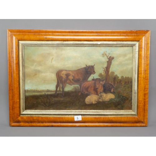 5 - VICT' OIL ON CANVAS LANDSCAPE/CATTLE 44CM X 64CM