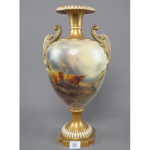 55 - ROYAL WORCESTER BLUSH IVORY PEDESTAL VASE, PAINTED WITH CATTLE SIGNED J STINTON, PUCE MARK TO BASE, ... 