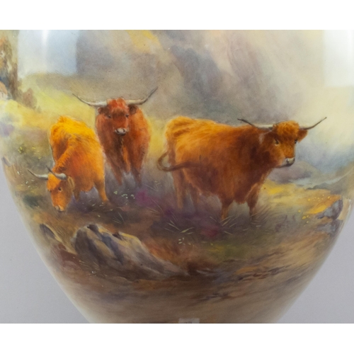 55 - ROYAL WORCESTER BLUSH IVORY PEDESTAL VASE, PAINTED WITH CATTLE SIGNED J STINTON, PUCE MARK TO BASE, ... 