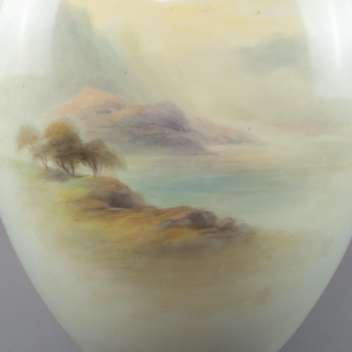 55 - ROYAL WORCESTER BLUSH IVORY PEDESTAL VASE, PAINTED WITH CATTLE SIGNED J STINTON, PUCE MARK TO BASE, ... 