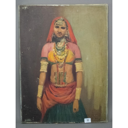 11 - TWO OIL ON CANVAS INDIAN LADIES INDISTINCT SIGNATURE & DATE LOWER RIGHT BOTH UNFRAMED 59x43CM