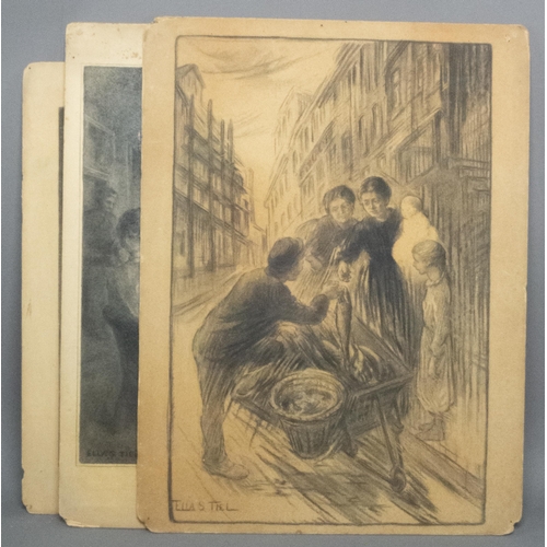 28 - ELLA S. TIEL AMERICAN WEST PHILADELPHIA FOUR GRAPHITE ON CARD, GALLERY LABEL VERSO 1927, ARTIST HAS ... 