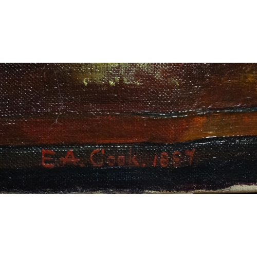 59 - ENGLISH SCHOOL OIL ON CANVAS SIGNED & DATED LOWER LEFT E.A.COOK 1887, FLORAL STILL LIFE UNFRAMED 43x... 