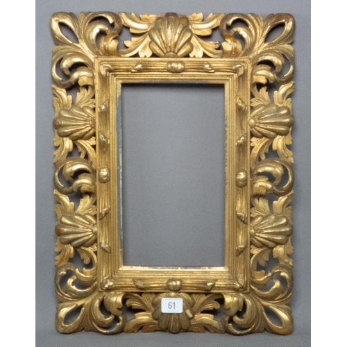 61 - ANTIQUE CARVED WOODEN & GILDED FLORENTINE ROCOCO PICTURE FRAME 49x37CM APERTURE 30X18CM