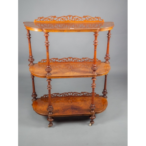 685 - VICT' BURR WALNUT & INLAID 3 TIER WHATNOT 104CM X 84CM W