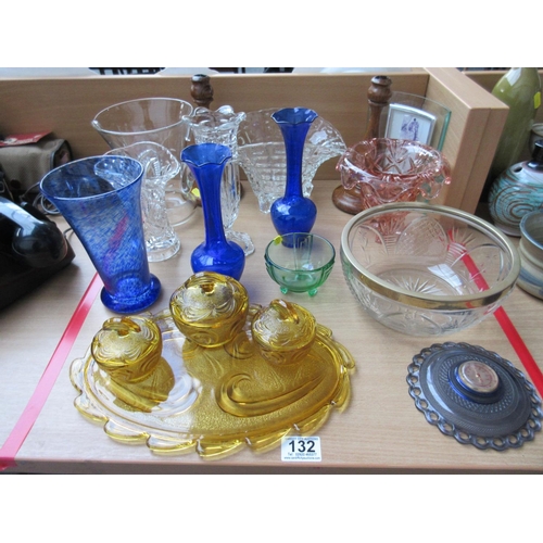 132 - Art Deco Glass & Oak Candle Sticks Etc