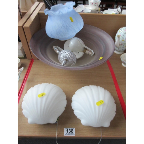 138 - Large Glass Ceiling Uplighter, Fittings & 2 x Glass Shell Wall Light Etc