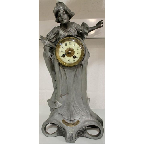 503 - Large Art Nouveau Pewter Mantle Clock - French - 490cm High

Grey Base Colour With Golden Clock Face... 