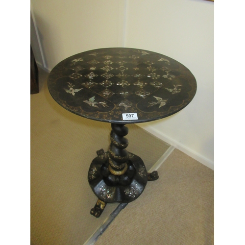 597 - Papier Mache Japanned Chess Table on Barley Twist Pedestal with Mother of Pearl Inlay