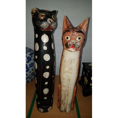 36 - 2 Carved + Painted Wooden Cats