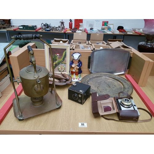 86 - Vintage lot to include cameras, treen and brass teapot on burner stand